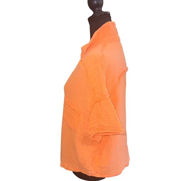 We The Free Orange Cotton Waffle Gauze Textured Short Sleeve Button-Up Shirt L - Picture 10 of 11